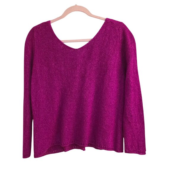 Eileen Fisher Fuchsia Magenta Pink Silk Mohair V Neck Cutout Hem Sweater L - Picture 3 of 8
